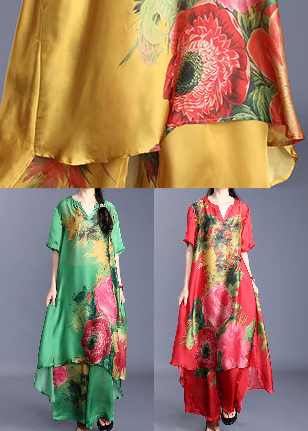 Green V Neck Print Silk Two-piece Set Short Sleeve