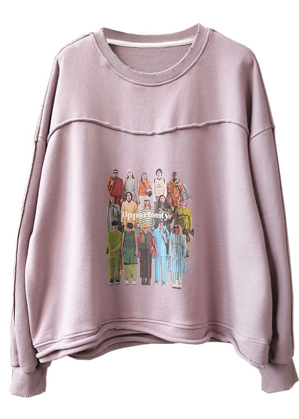 Grey Purple Loose O-neck Pockets Fall Loose Sweatshirt