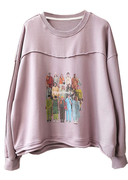Grey Purple Loose O-neck Pockets Fall Loose Sweatshirt