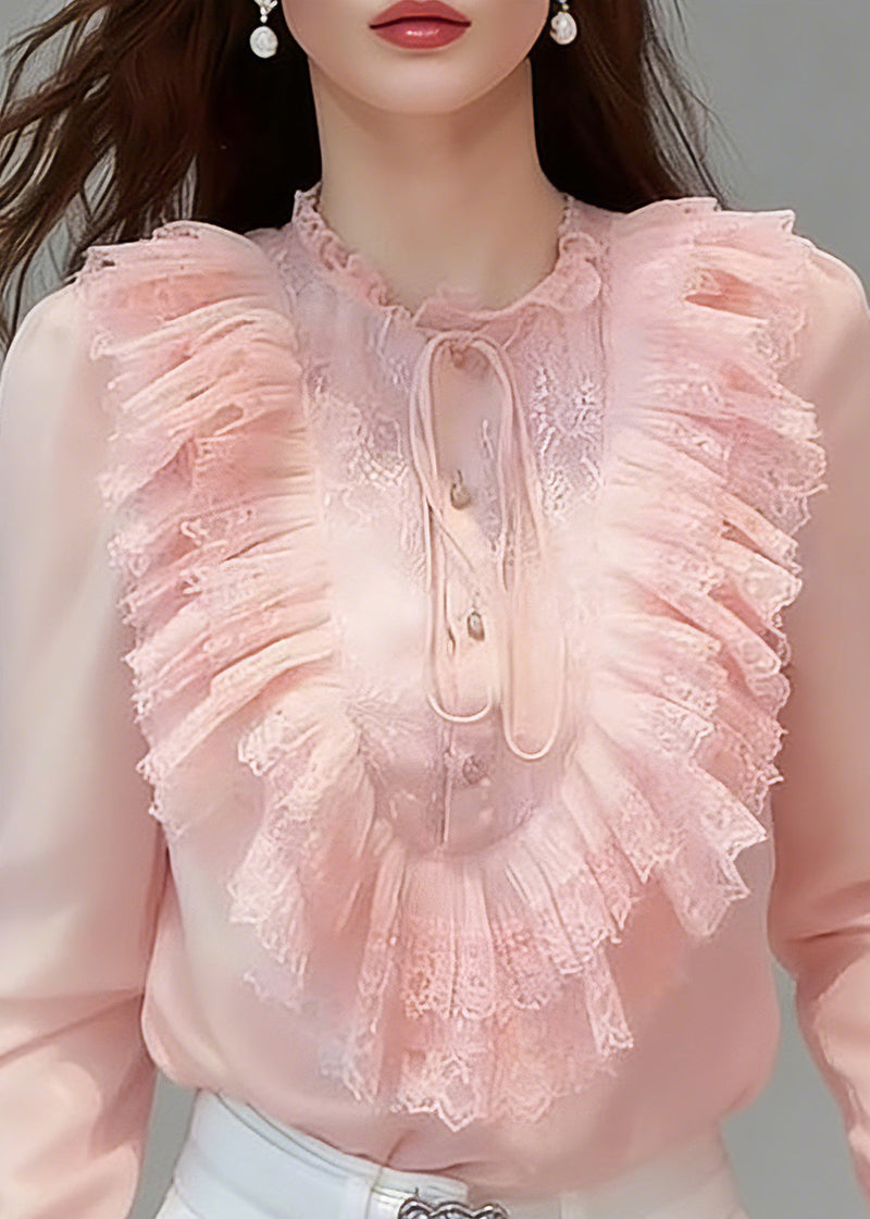Pink Ruffled Patchwork Button Silk Shirts Flare Sleeve