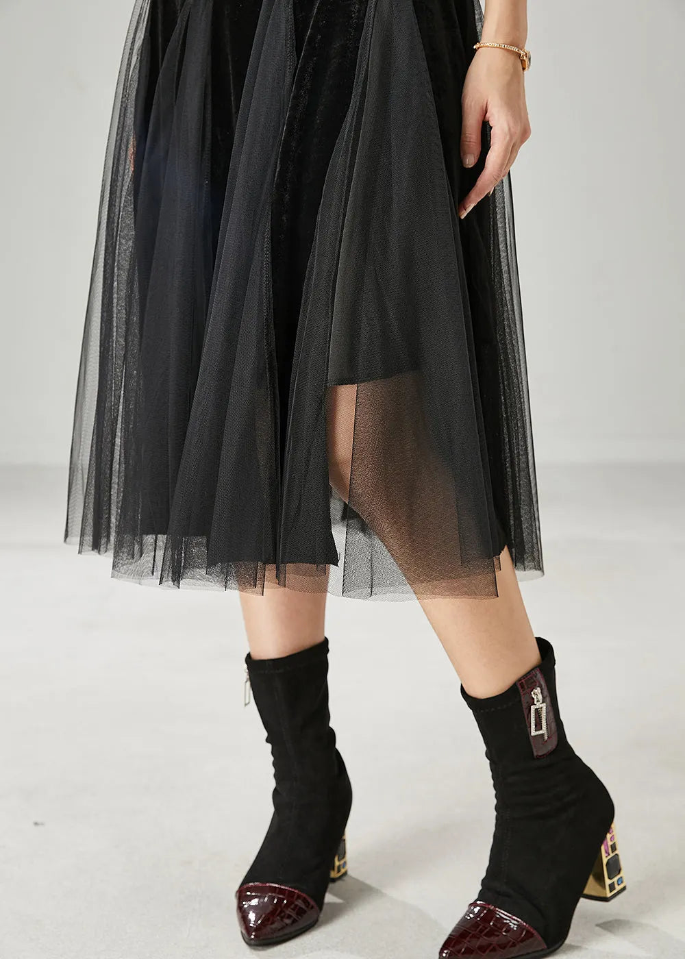 Black High Waist Patchwork Tulle Velour Dress Spring