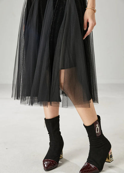 Black High Waist Patchwork Tulle Velour Dress Spring