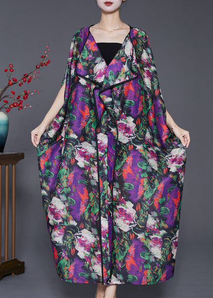 Purple Oversized Print Chiffon Long Dresses Batwing Sleeve