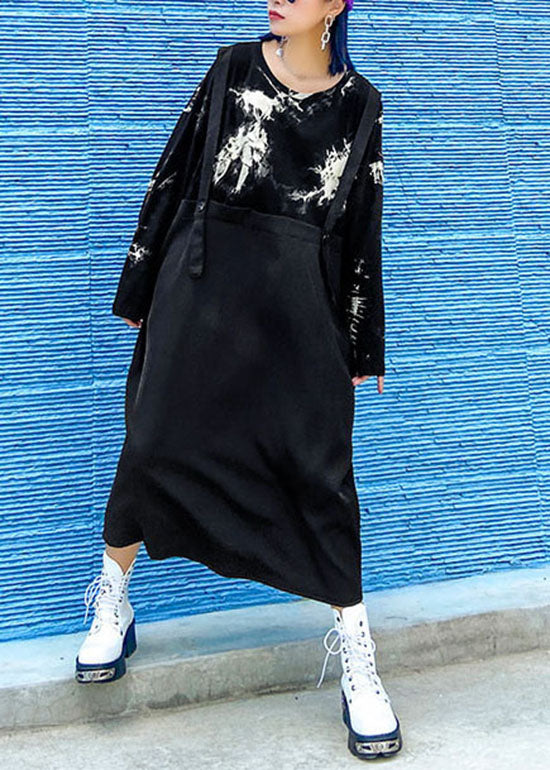 Black O-neck Print Patchwork Sweatshirt Dresses Spring