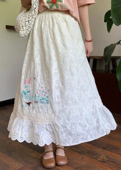 Classy White Embroideried Elastic Waist Cotton Skirt Summer