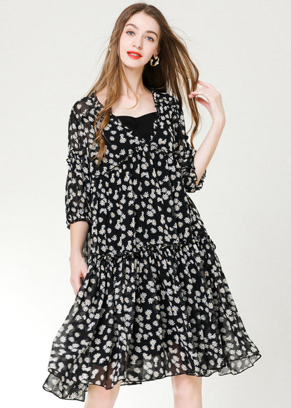 Black Ruffled Print Chiffon Beach Dresses Bracelet Sleeve
