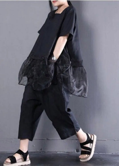 Black Oversized Organza Patchwork Top and Harm Pants Two Pieces Set Summer