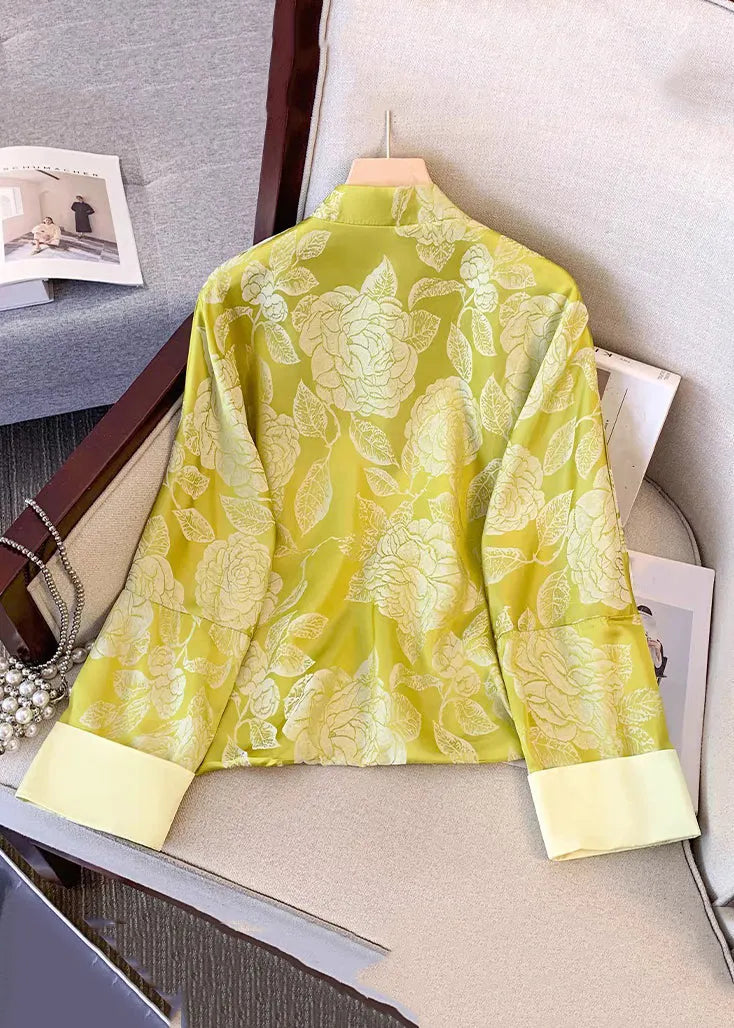 Yellow Tasseled Button Print Silk Coat Fall