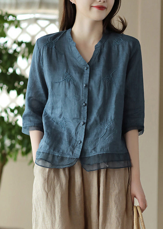 Blue V Neck Embroideried Ramie Shirt Half Sleeve