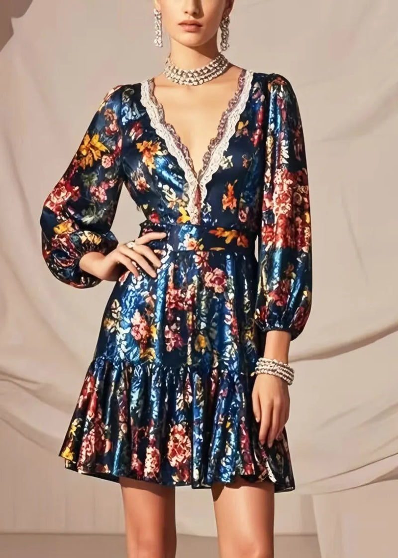 Art Peacock Blue V Neck Print Silk Mini Dress Bracelet Sleeve