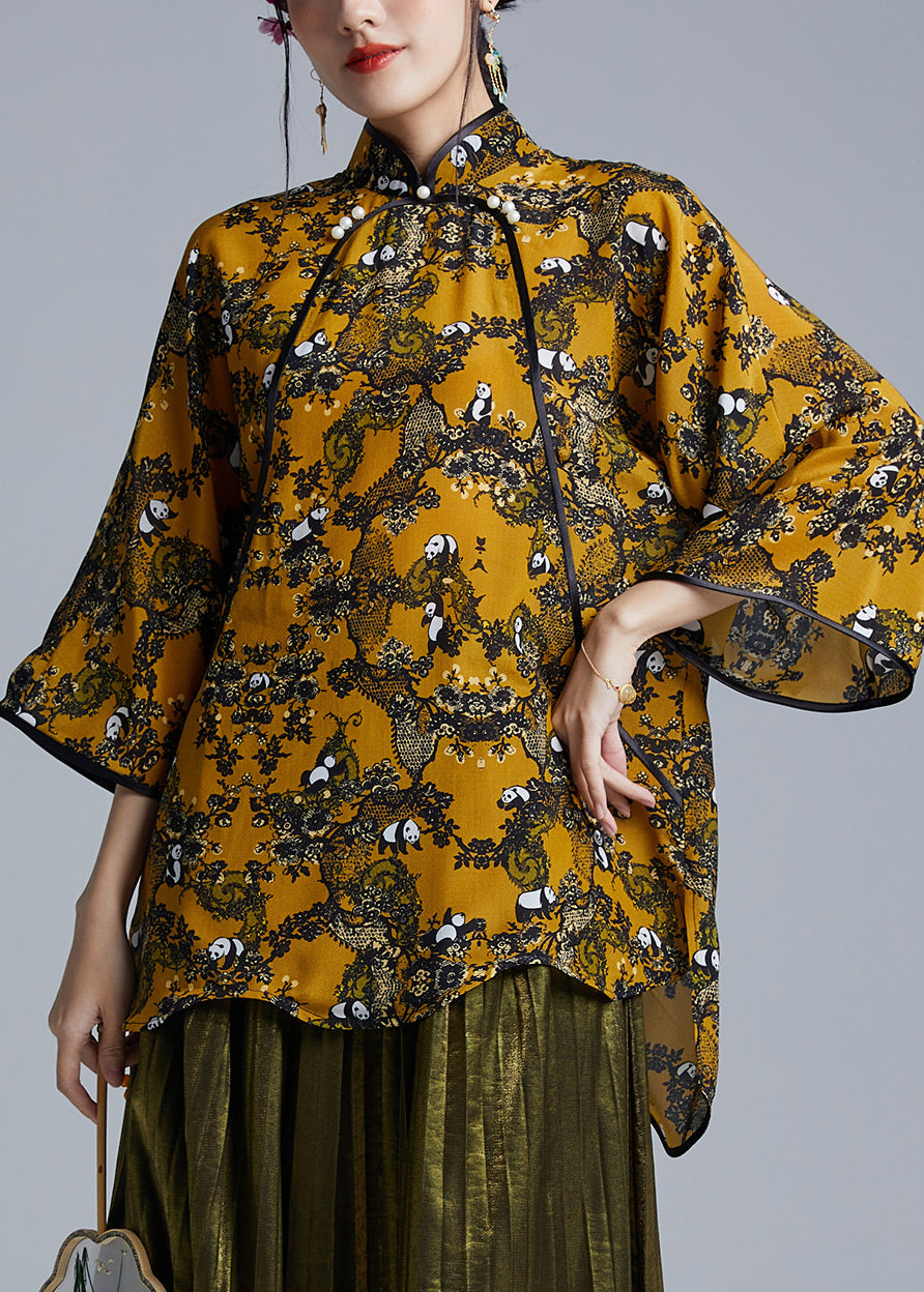 Yellow Stand Collar Button Low High Design Silk Shirts Spring