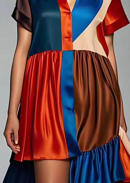 Colorblock Asymmetrical Patchwork Silk Dress Summer