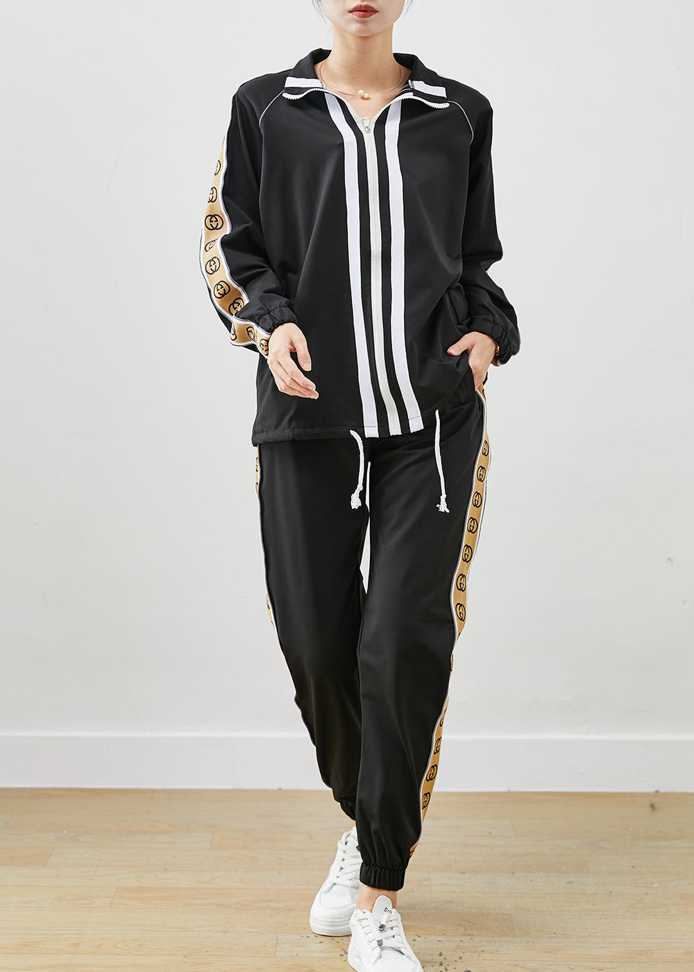 Black Oversized Patchwork Drawstring Cotton Sweatshirt