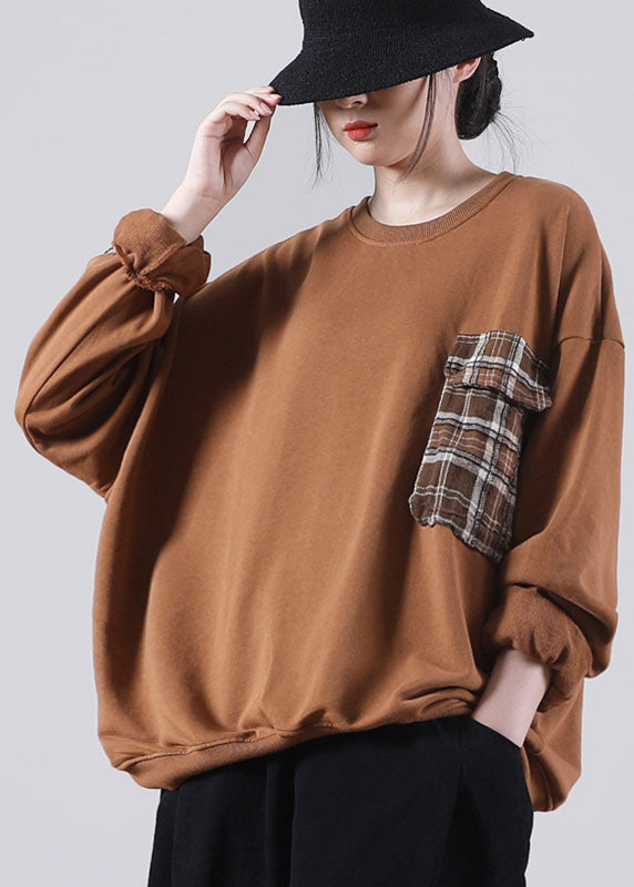 Chocolate Loose O-neck Pockets Fall Sweatshirts