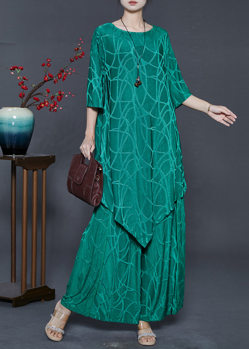 Green Asymmetrical Print Silk Two Pieces Set Summer