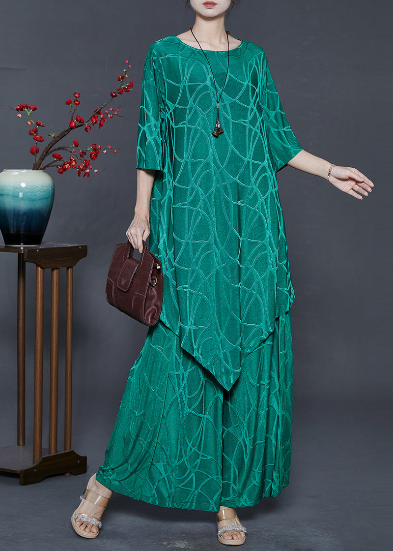 Green Asymmetrical Print Silk Two Pieces Set Summer