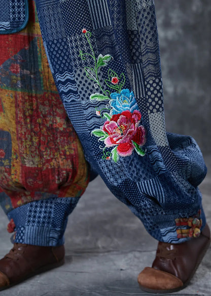 Blue Embroidered Print Cotton Pants Summer