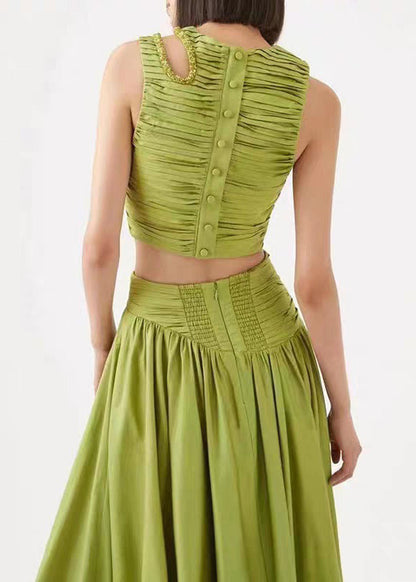 Art Green Wrinkled Hollow Out Cotton Two Piece Set Sleeveless