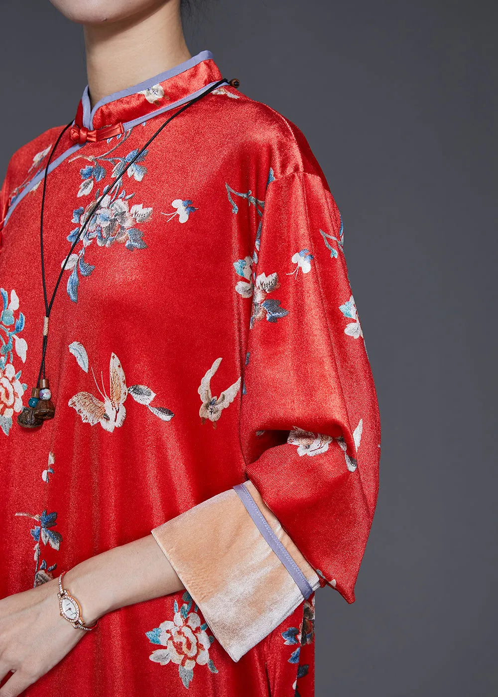 Mulberry Print Silk Velour Chinese Style Dresses Spring