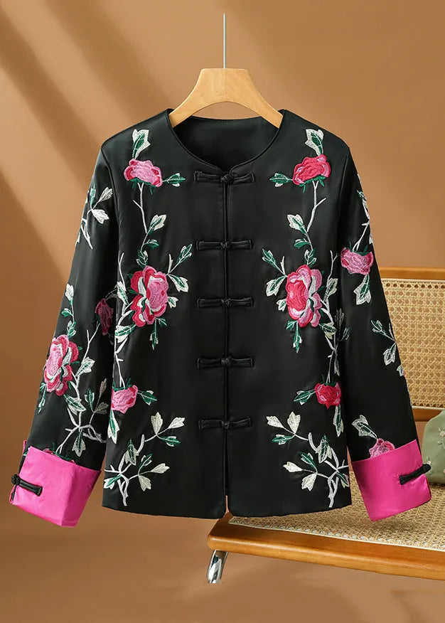 Original Design Black Print Button Silk Coats Fall