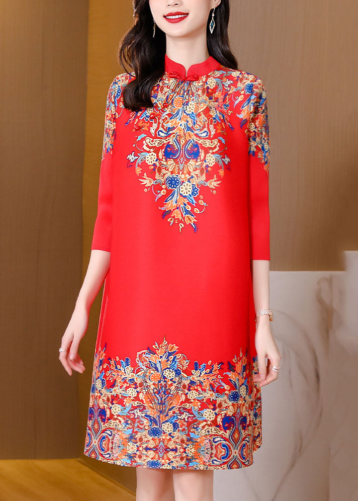 Red Print Silk Mid Dress Mandarin Collar Oriental Button Half Sleeve