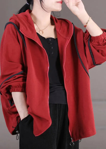 Mulberry Zippered Patchwork Drawstring Hooded Sweatshirt Fall