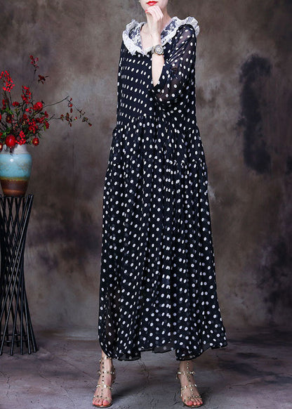 Simple Black Hooded Patchwork Lace Dot Print Silk Long Dress Two Piece Set Clothing Summer