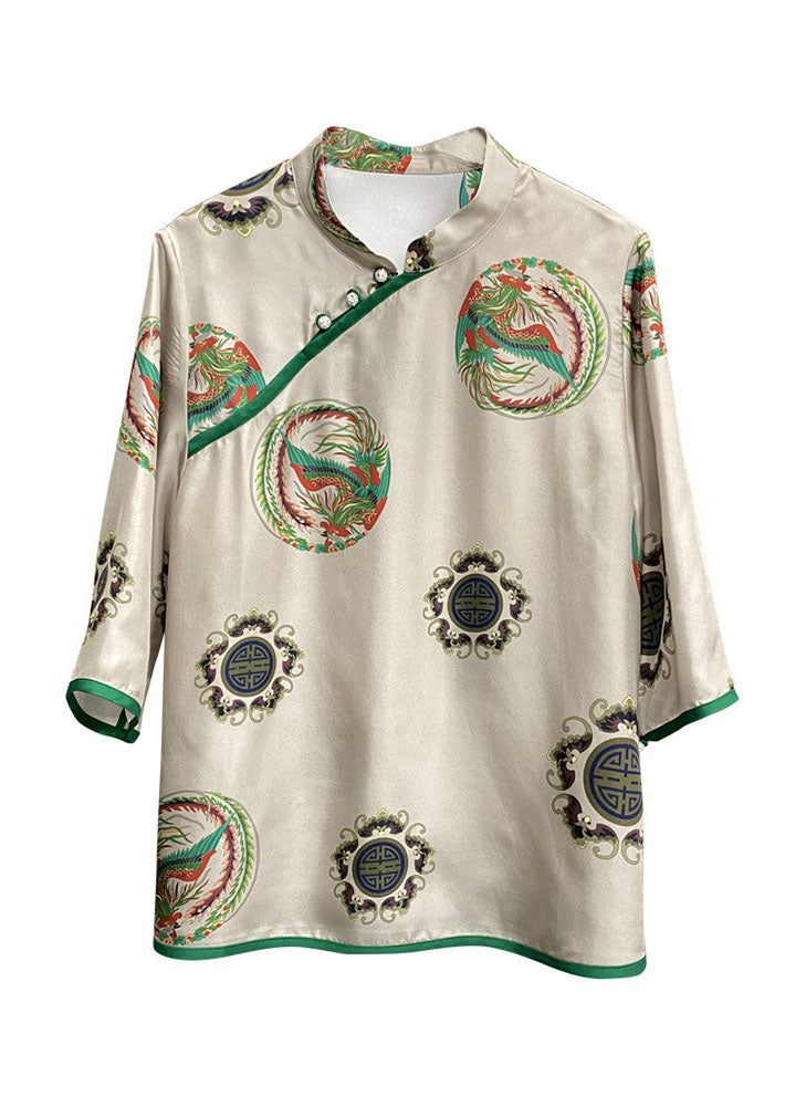 Grey Stand Collar Button Print Patchwork Silk Blouses Spring