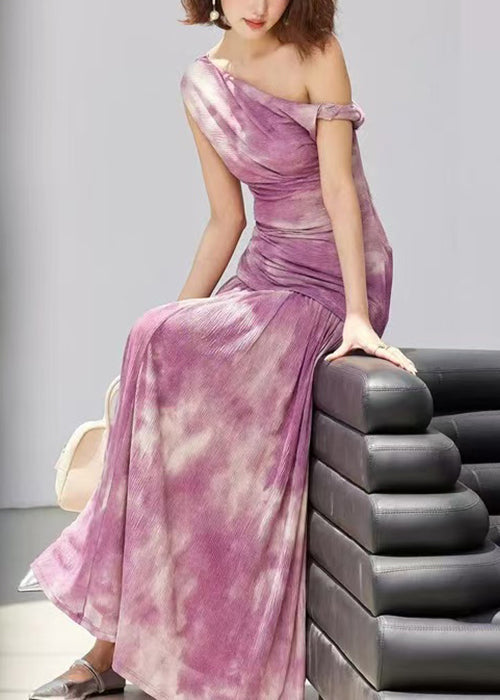 Purple Tie Dye Wrinkled Tulle Two Pieces Set Sleeveless