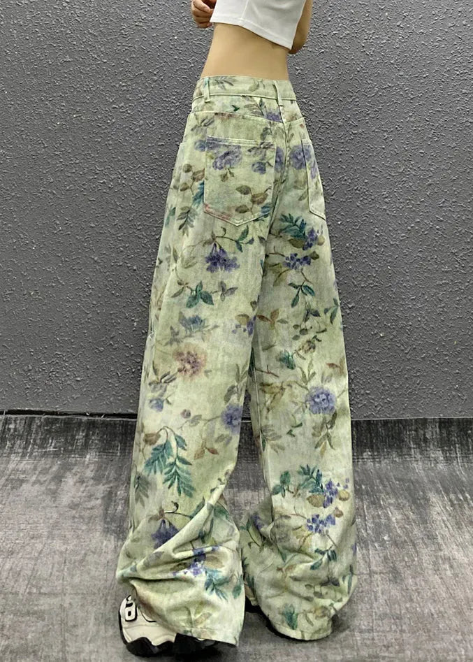 Stylish Green Print High Waist Denim Pants Summer