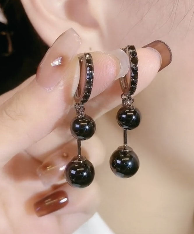 Black Alloy Inlaid Gem Stone Drop Earrings