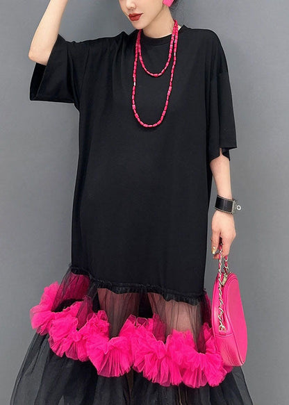 Classy Black O-neck Tulle Patchwork Long T Shirts Dress Half Sleeve
