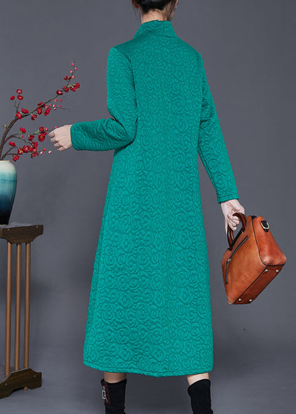 Green High Neck Jacquard Cotton Long Dress Spring