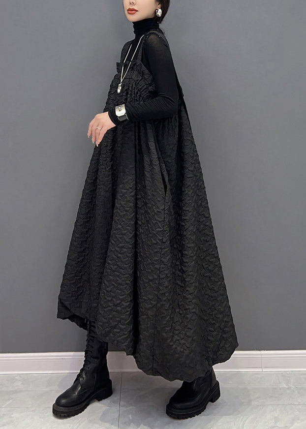 Black Wrinkled Pockets Patchwork Cotton Carpenter Dresses Fall