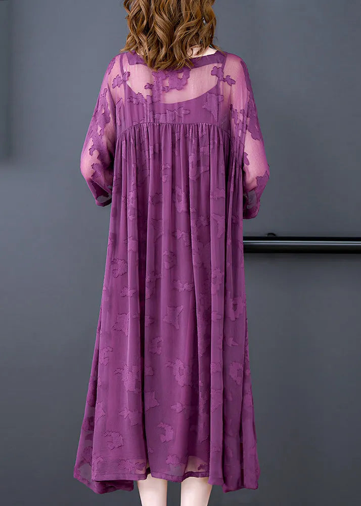 Purple Hollow Out Chiffon Dress Two Piece Set Clothing Wrinkled Summer