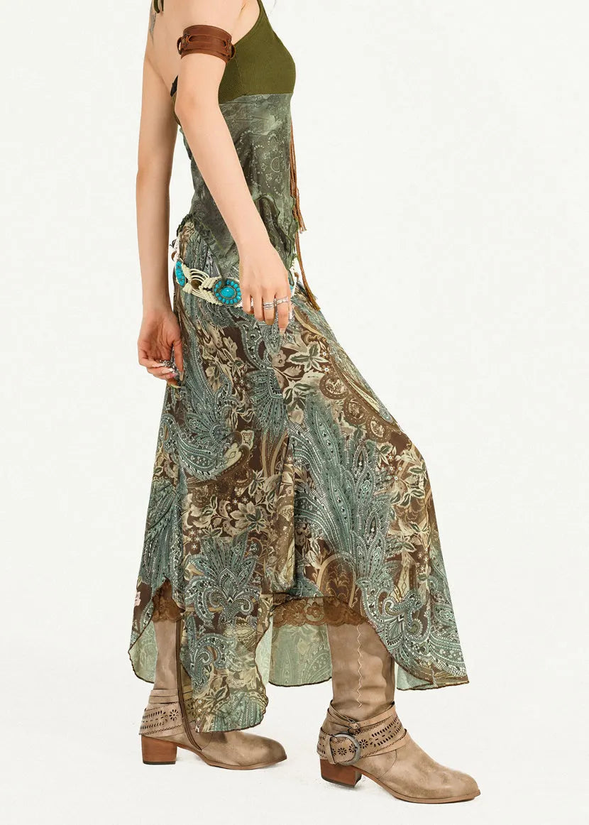 Green Print Top and Maxi Skirts Two Pieces Set Sleeveless