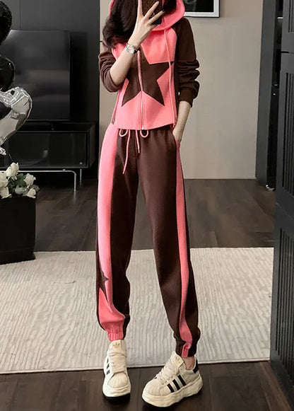 Pink Hooded Zippered Patchwork Cotton Two Pieces Set Long Sleeve