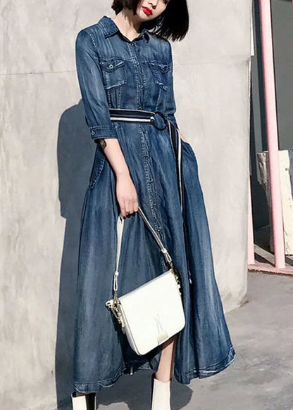 Denim Blue Peter Pan Collar Patchwork Striped Cotton Holiday Dress Bracelet Sleeve