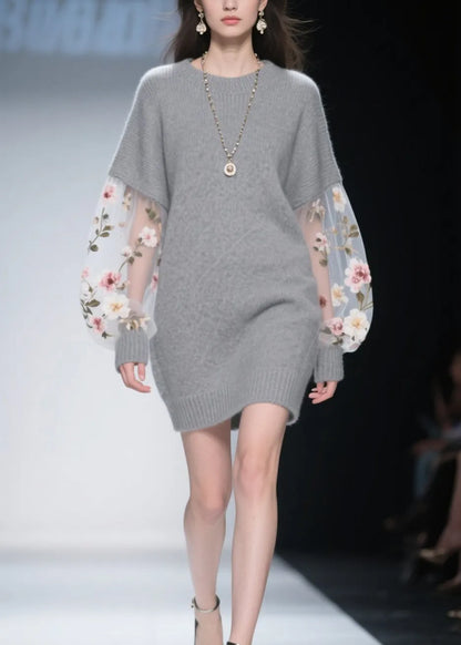 Grey O Neck Tulle Patchwork Knit Dress Winter