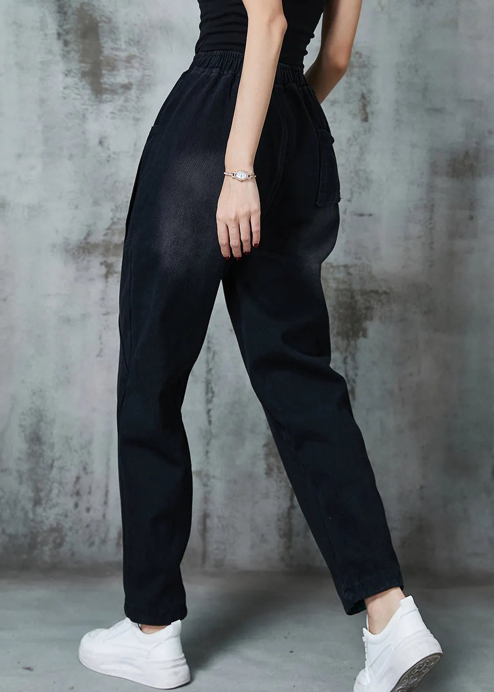 Black Pockets Warm Fleece Denim Pants Spring
