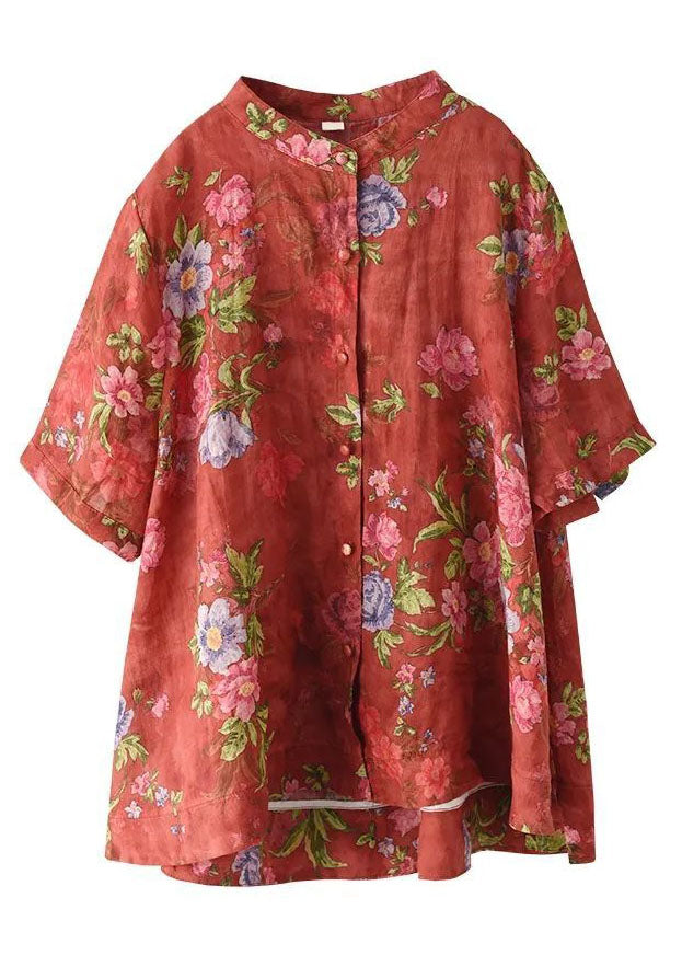 Red Stand Collar Print Cotton Shirt Tops Short Sleeve