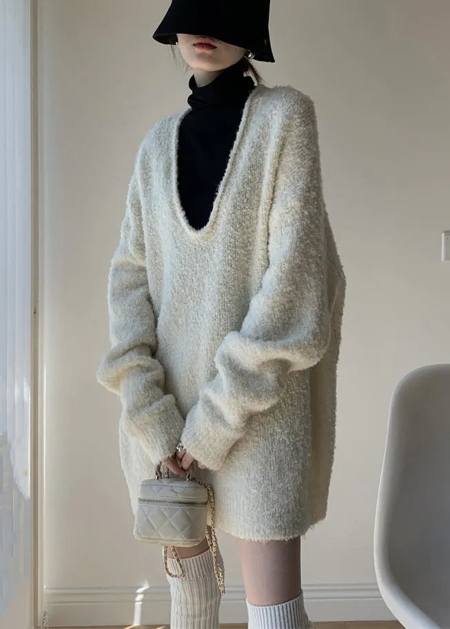 White Cozy Knit Winter Two Pieces Set V Neck