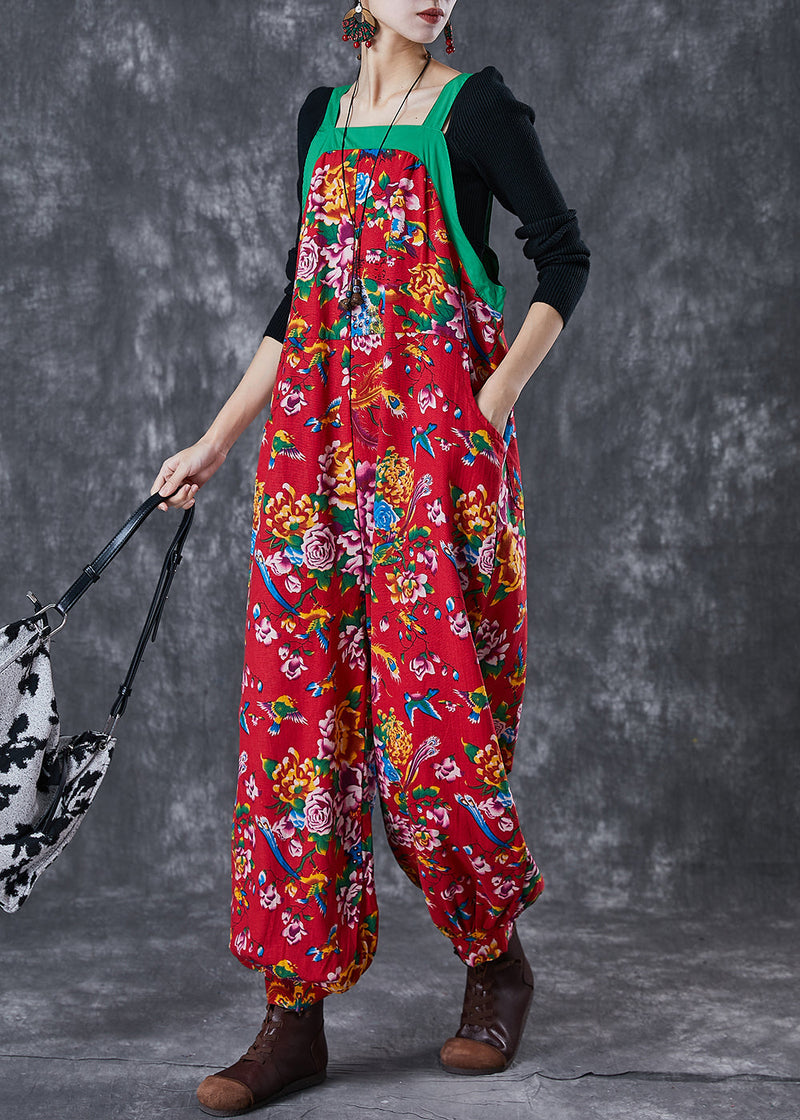 Red Print Cotton Overalls Jumpsuit Wear on Both Sides Fall