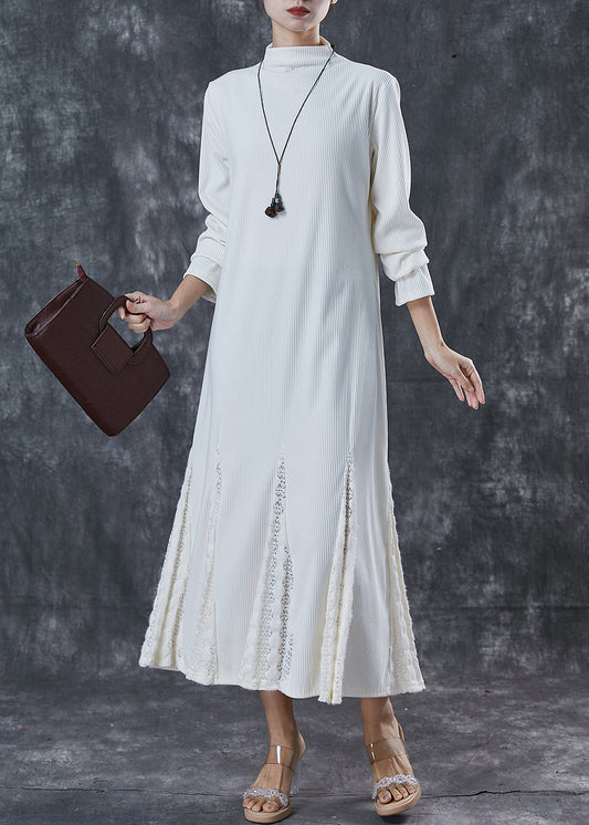 French White Stand Collar Patchwork Lace Knit Ankle Dress Spring