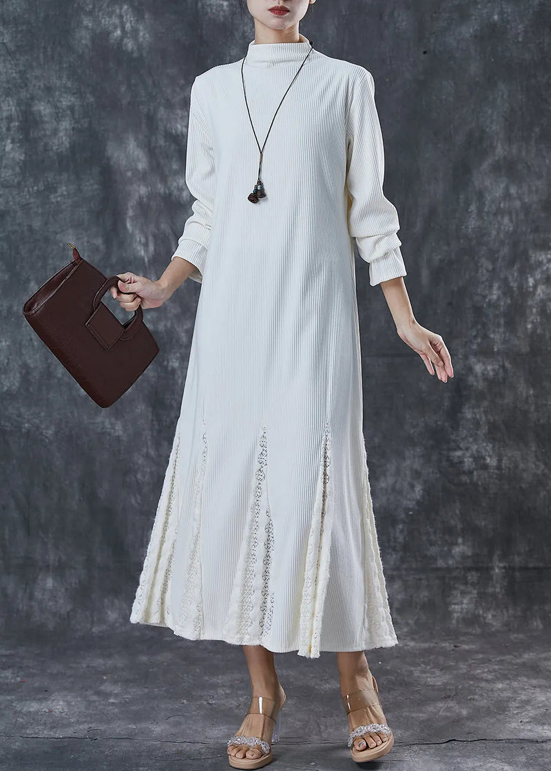 French White Stand Collar Patchwork Lace Knit Ankle Dress Spring
