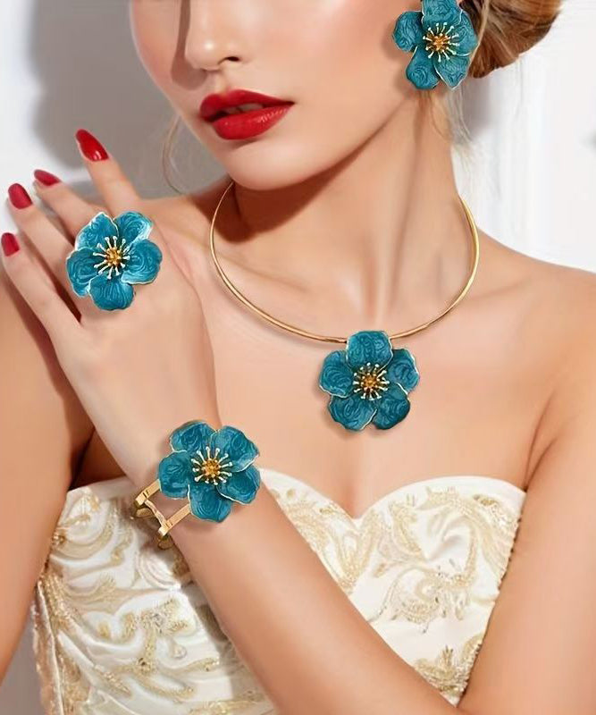 Modern Blue Metal Alloy Bangle ,stud Earrings ,rings and Pendant Necklace Four-piece Set