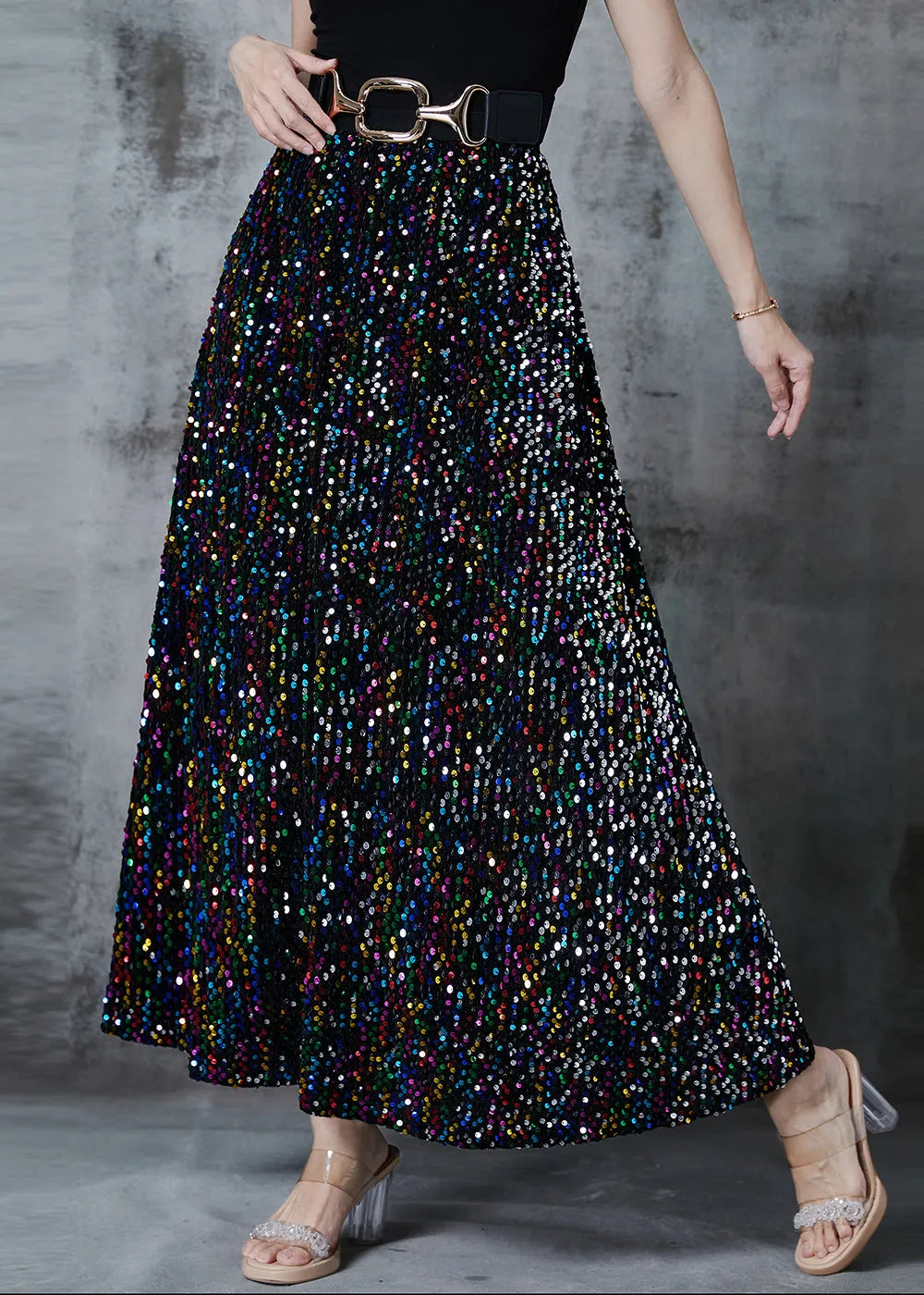 Fine Rainbow Sequins Cotton a Line Skirts Fall