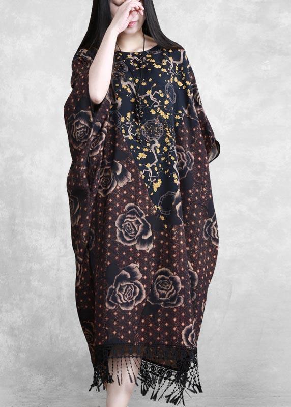Style Chocolate Print Quilting Clothes O Neck Tassel Spring Dresses