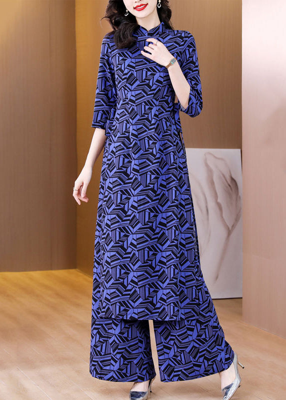 Italian Navy Print Side Open Chiffon Two Piece Set Clothing Spring