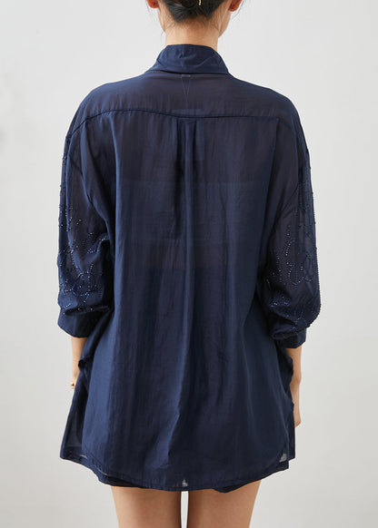 Navy Oversized Zircon Cotton Two Pieces Set Summer